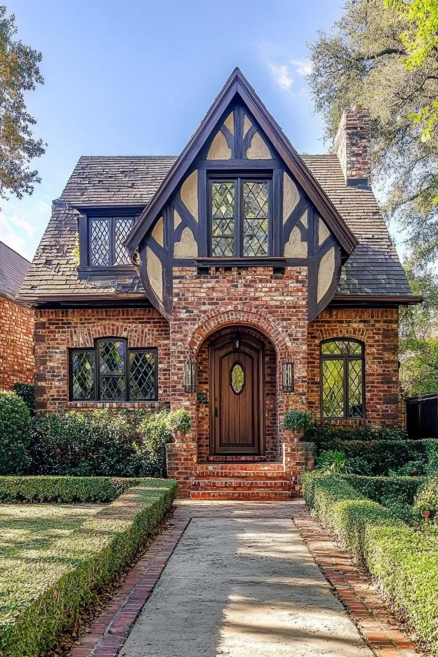 Tudor-style house with brick facade and diamond-patterned windows