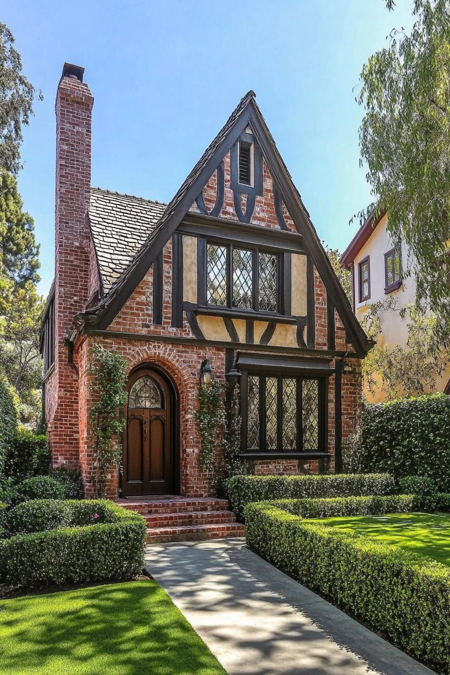 Quaint brick house with Tudor-style elements and lush greenery