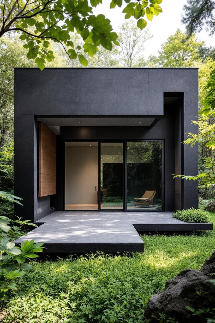 Brutalist house surrounded by lush greenery