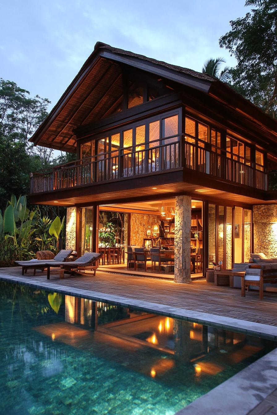 Tropical villa with glowing lights by a pool