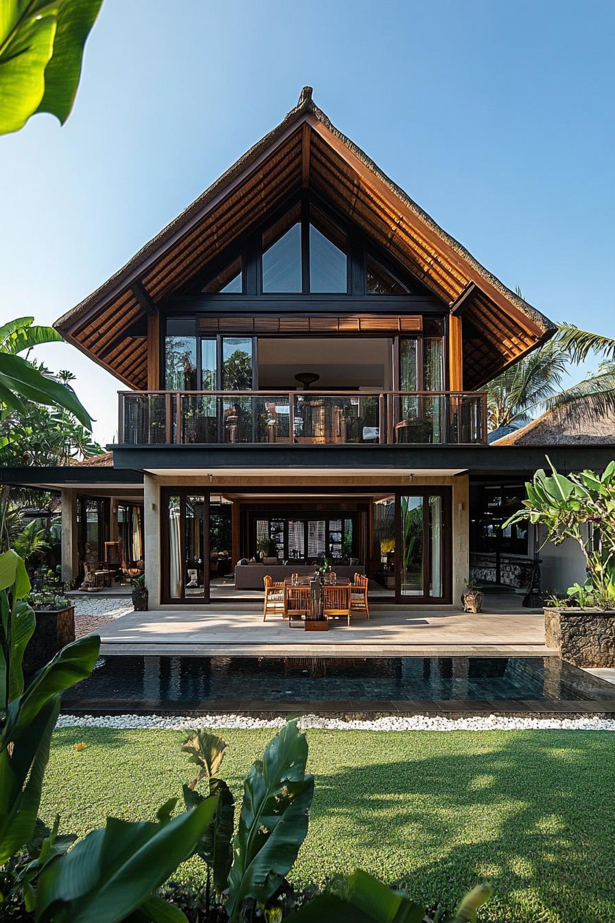 Tropical villa with thatched roof and glass accents