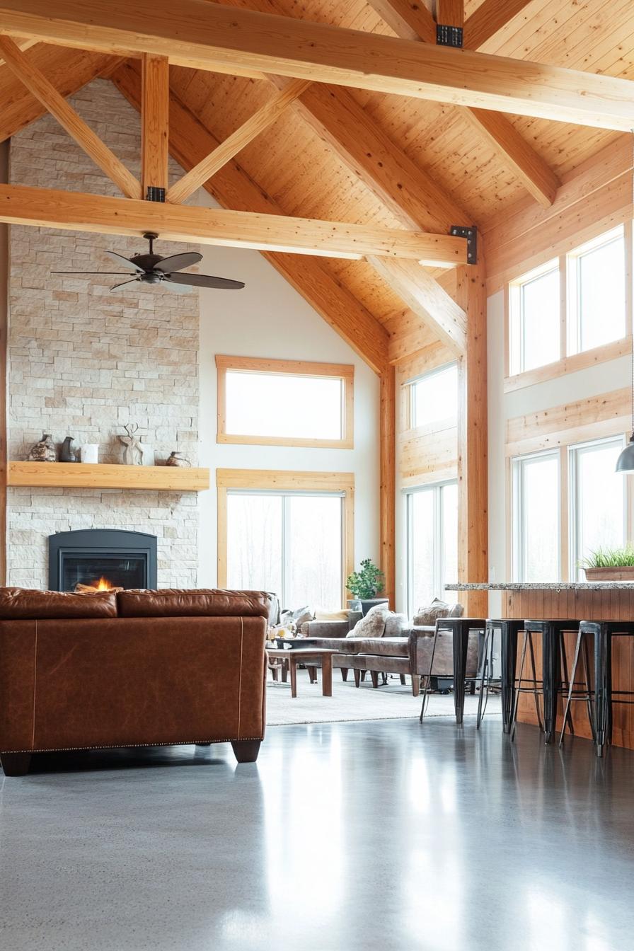 Bright loft interior with wood beams and stone fireplace