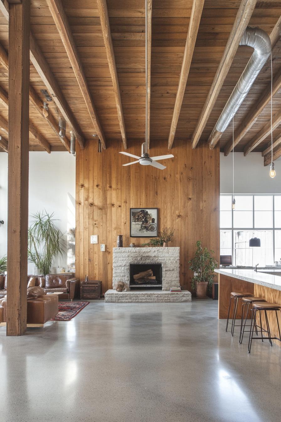 Lofty interior with wooden beams and a cozy fireplace