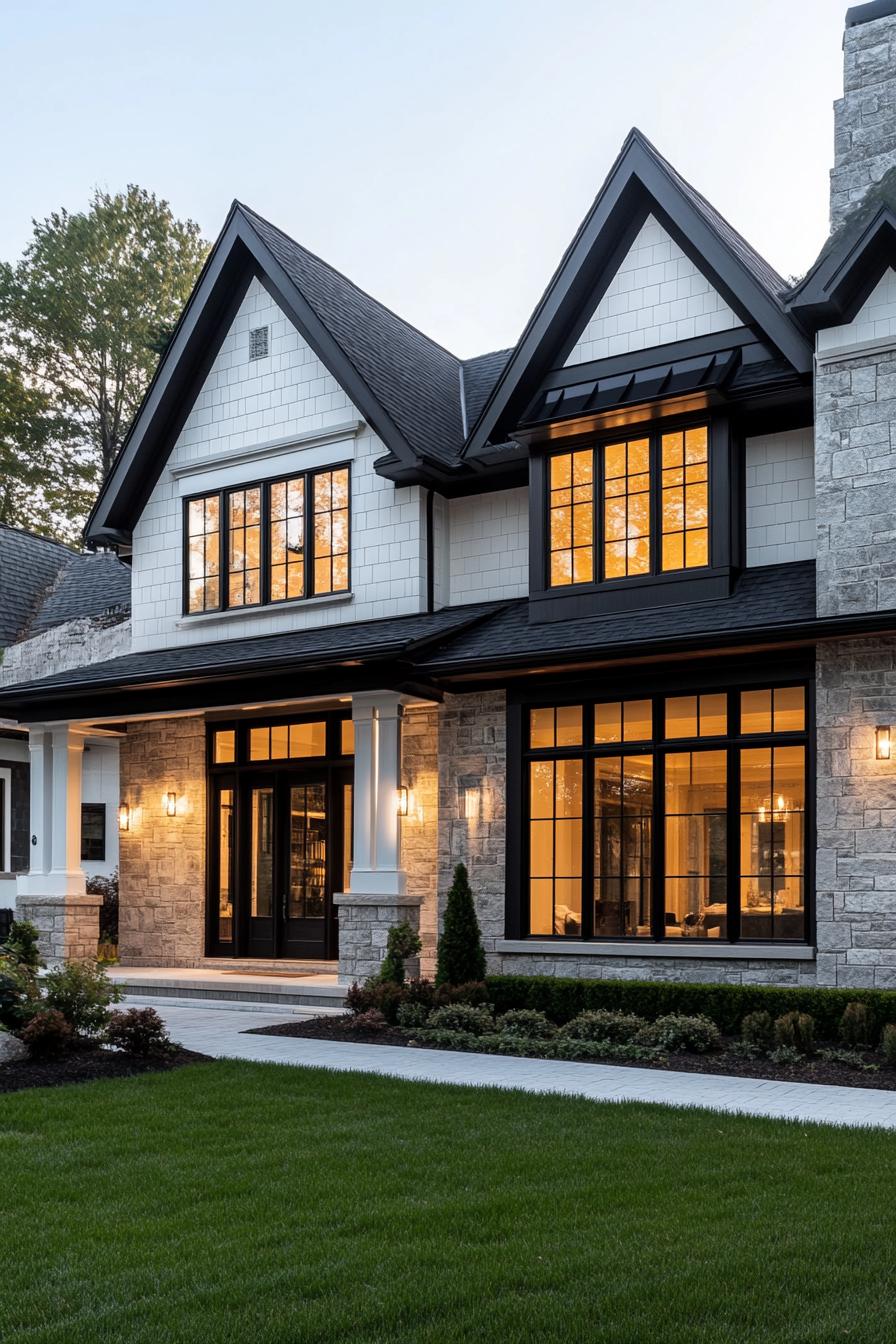 Large suburban house with a well-lit facade and manicured lawn