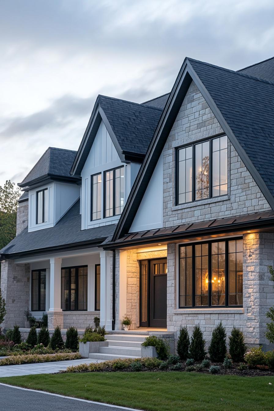 Large suburban house with gable roofs and well-manicured front lawn