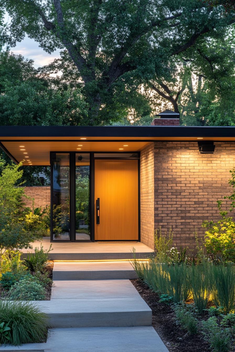 Modern bungalow entrance with warm lighting and lush greenery