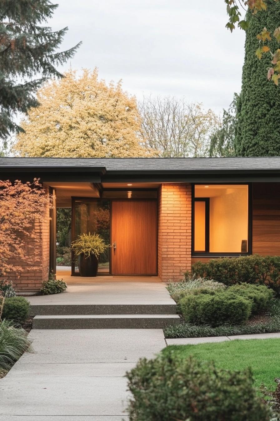 Modern bungalow with a brick facade and lush greenery