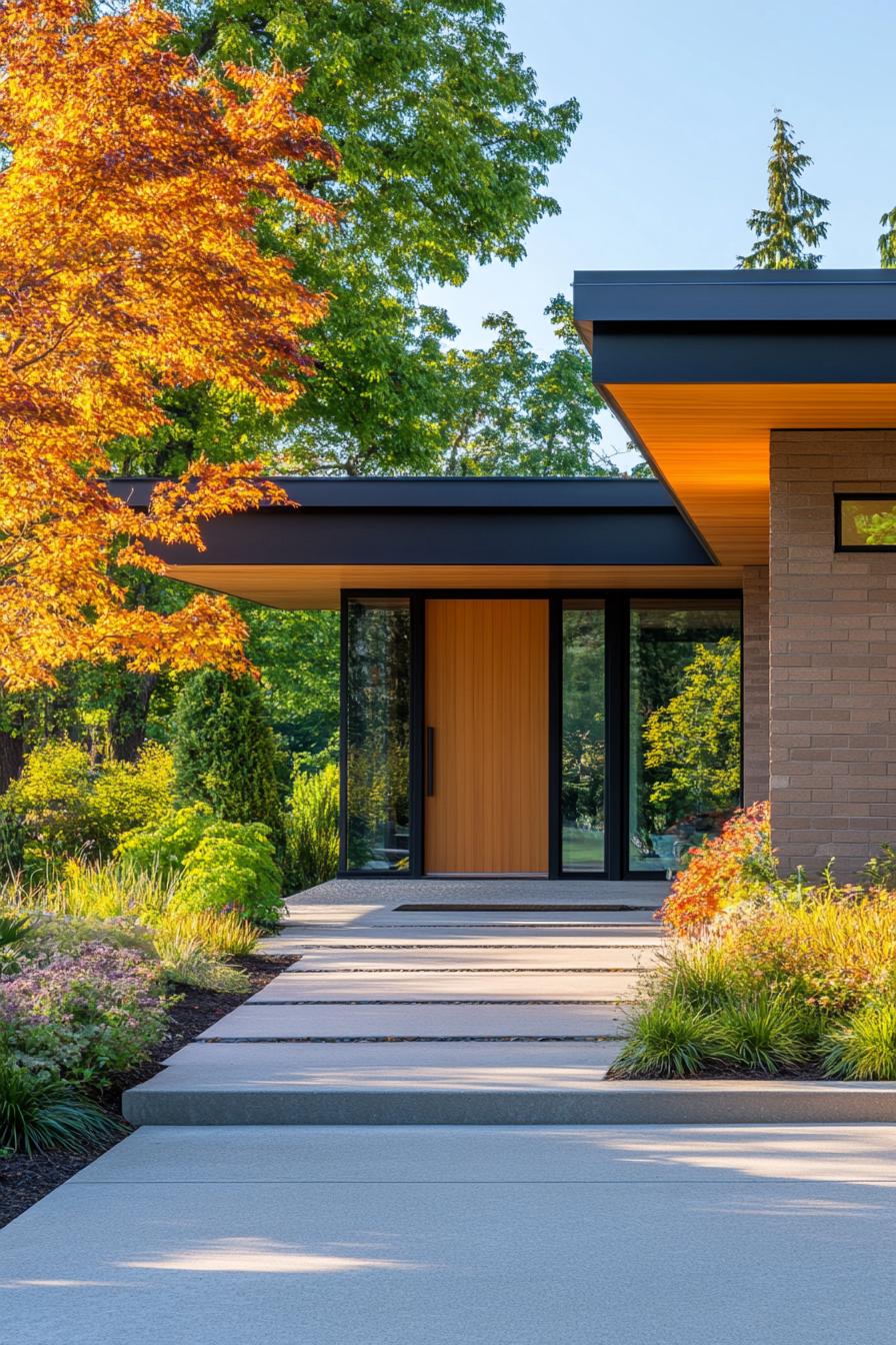 Entrance of a modern bungalow with a wooden door and lush surroundings