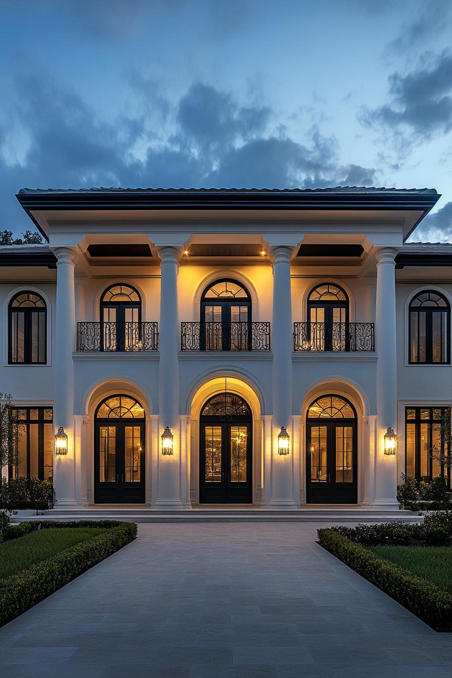 Luxurious mansion with grand columns and warm lights at dusk