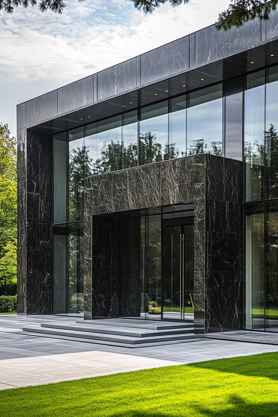 Luxurious home entrance with large windows and slate facade