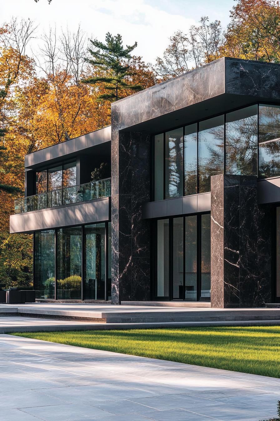 Luxurious glass and marble home surrounded by autumn trees