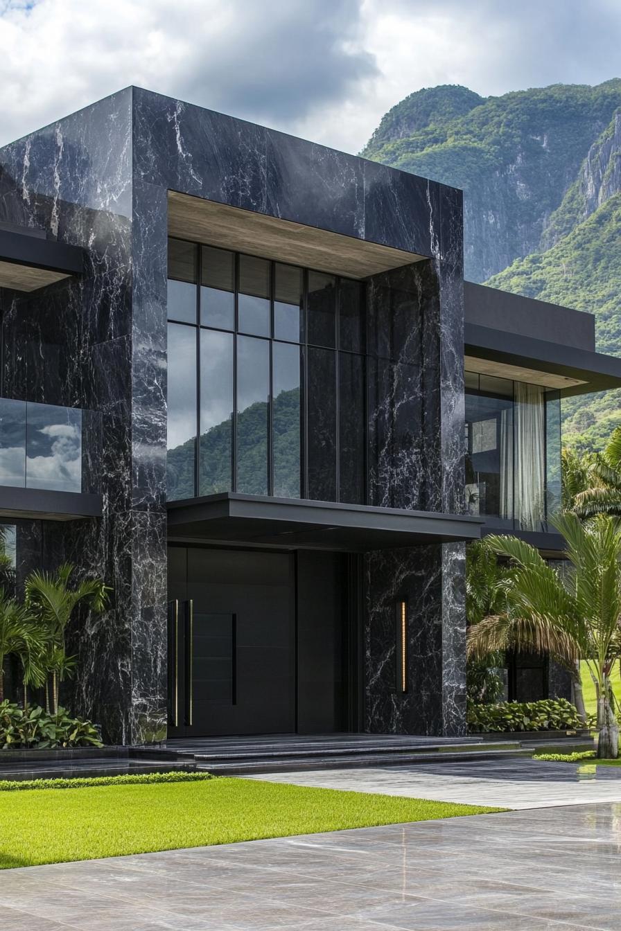 Sleek modern house with dark marble facade and lush surroundings