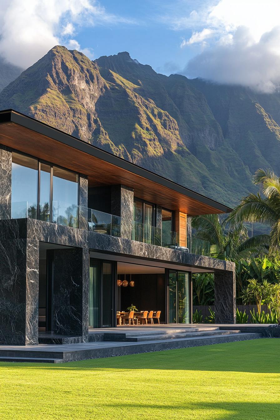 Luxury home nestled against dramatic mountain backdrop