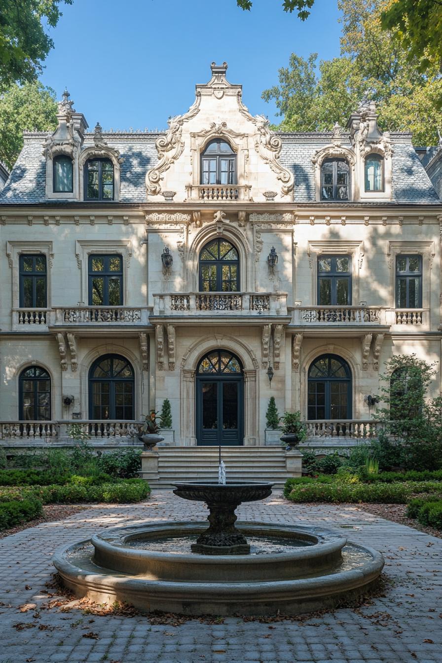 Elegant stone mansion with intricate details and a central fountain