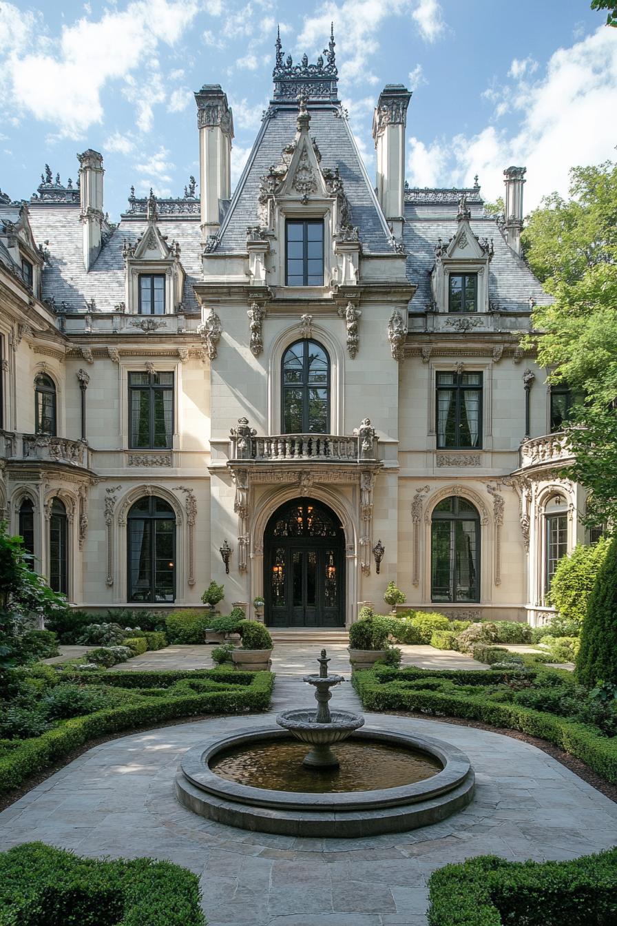 Luxurious mansion with intricate details and a center fountain