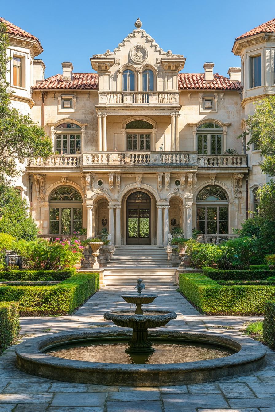 Grand architectural mansion with ornate facade and lush gardens