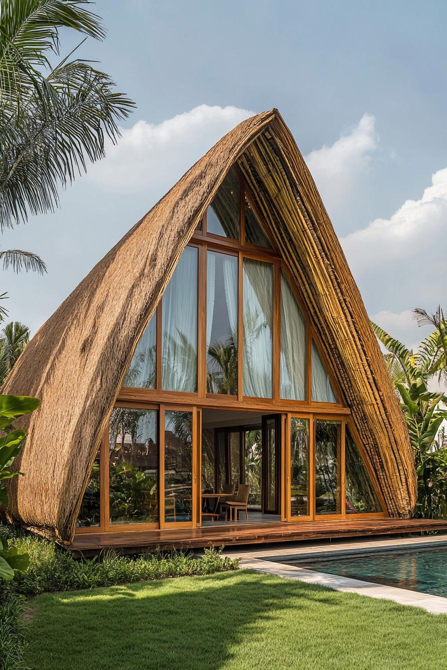 Stunning bamboo house with a tall, curved roof by the pool