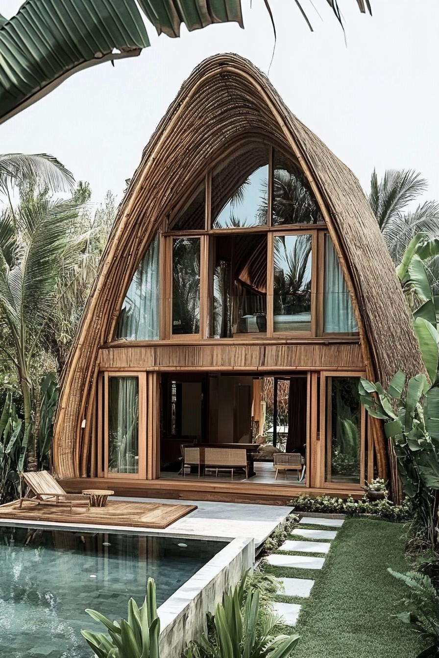 Exotic bamboo house with pool and tropical garden