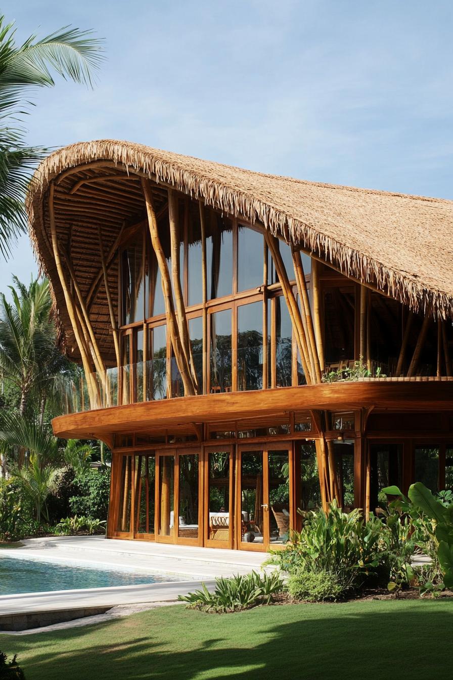 Tropical bamboo house with large windows and thatched roof