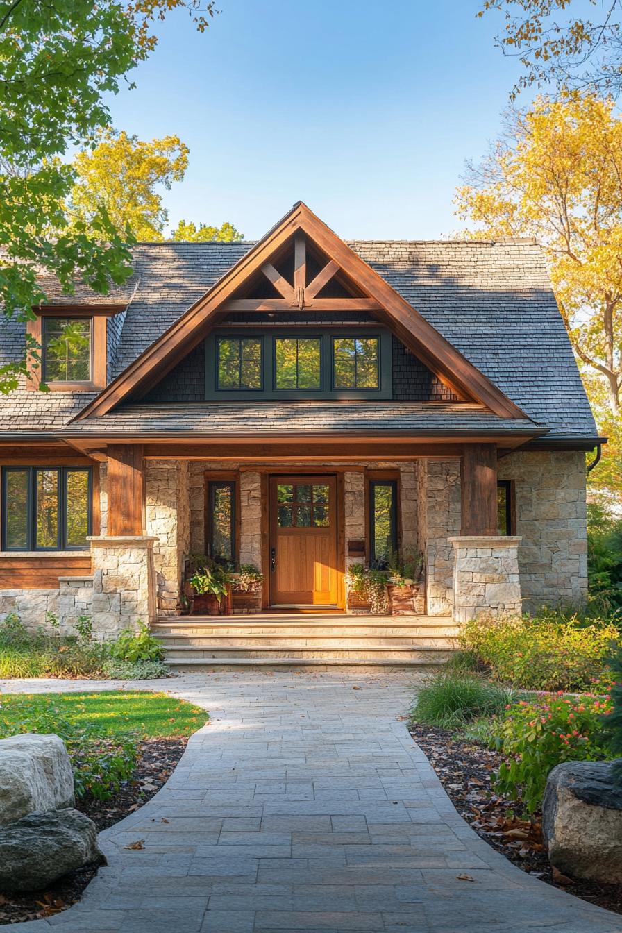 Front view of a charming stone and wood cottage with large windows