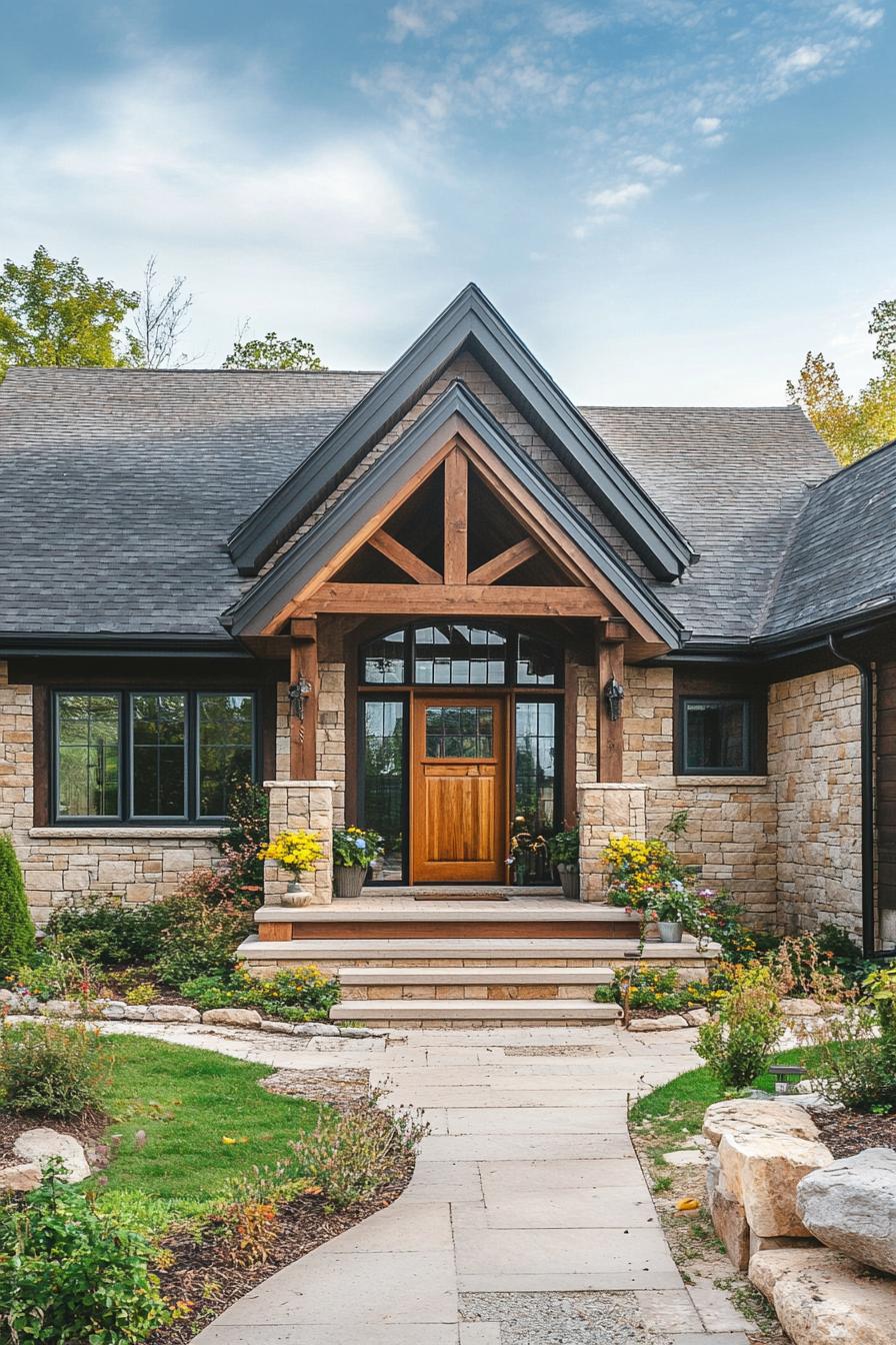 Stone cottage with a wooden door and garden path