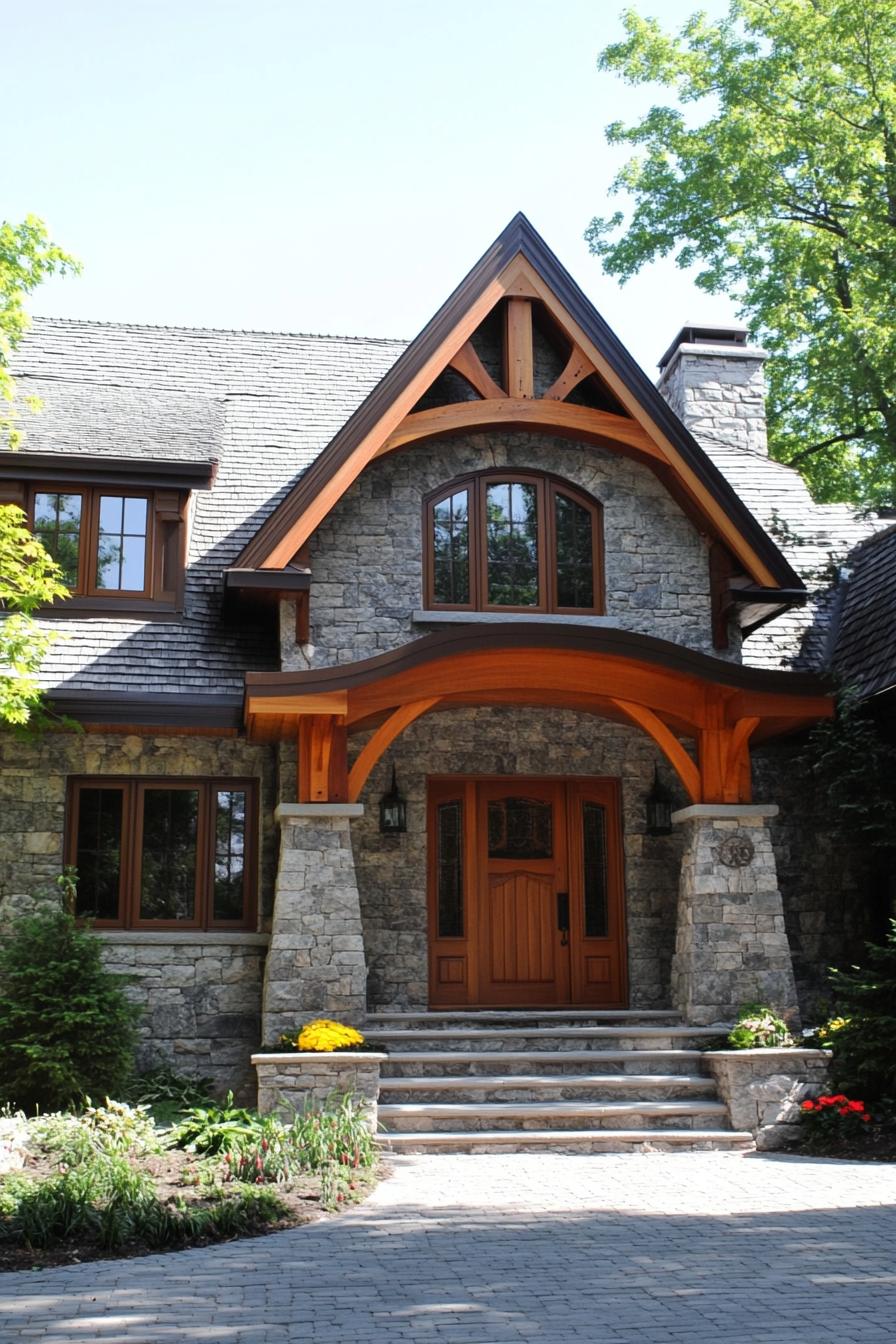 Charming stone cottage with wooden accents and blooming flowers