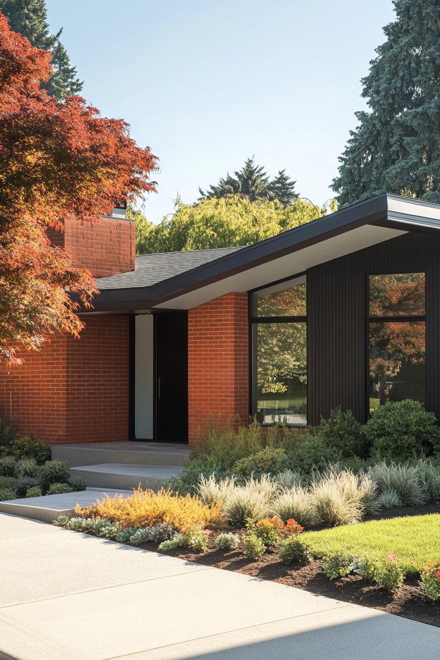 Modern brick ranch house with angled roof, amidst lush greenery