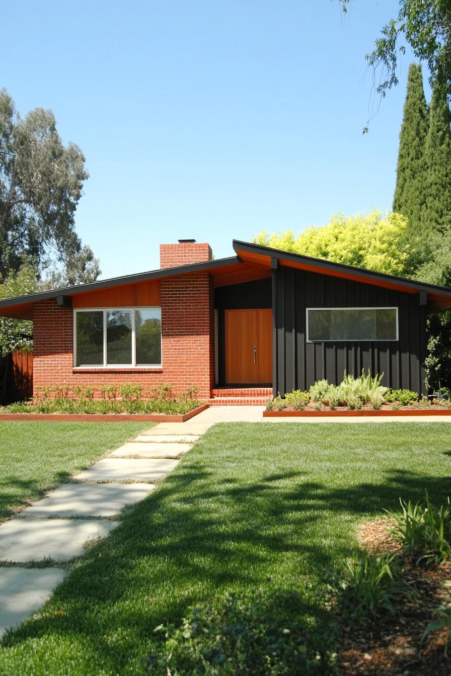 A brick ranch house with a sloped roof and lush green lawn