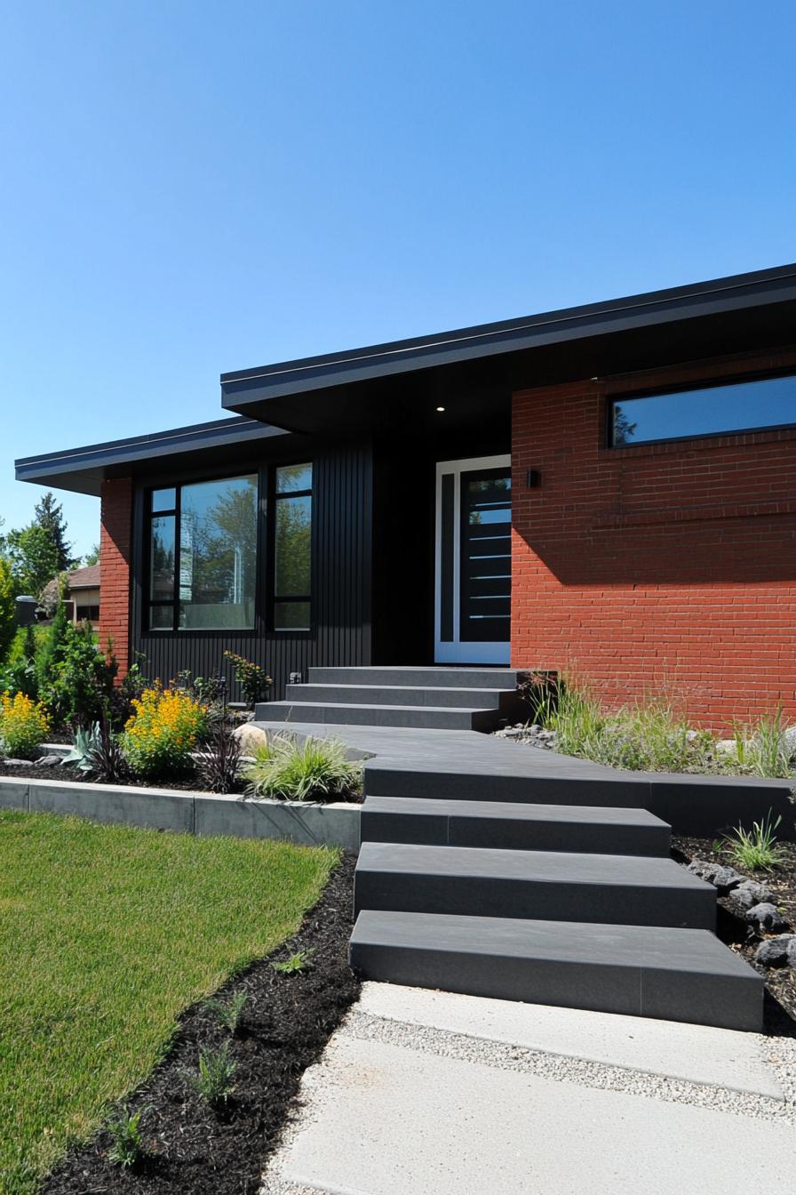 Modern brick ranch with sleek black accents and a lush garden