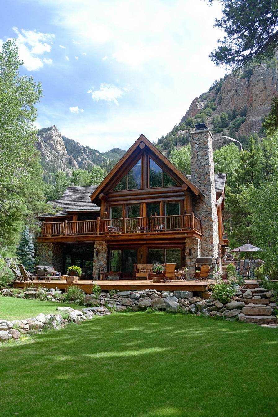 Cozy stone and wood cabin with mountain backdrop