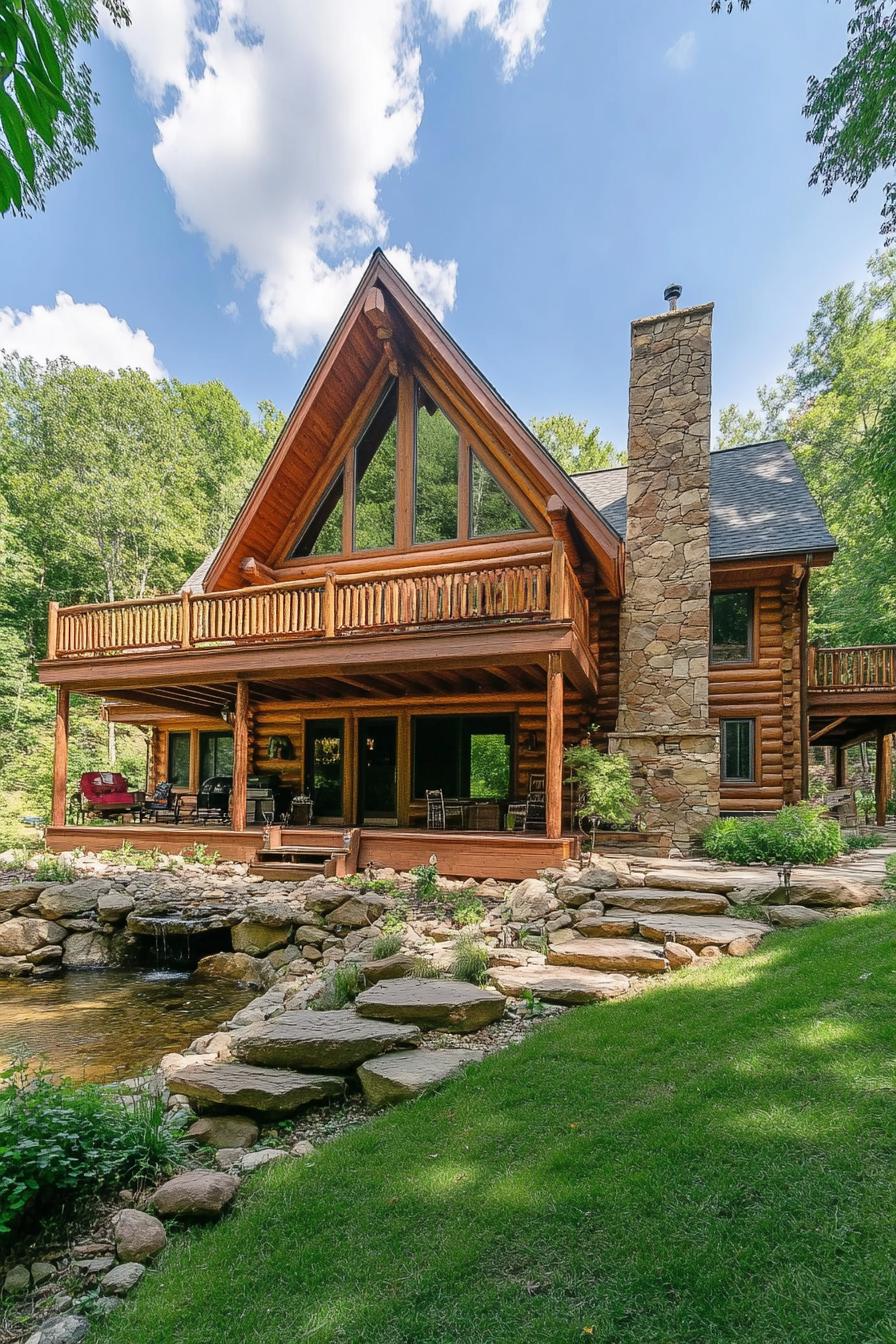 Log cabin with stone chimney surrounded by greenery