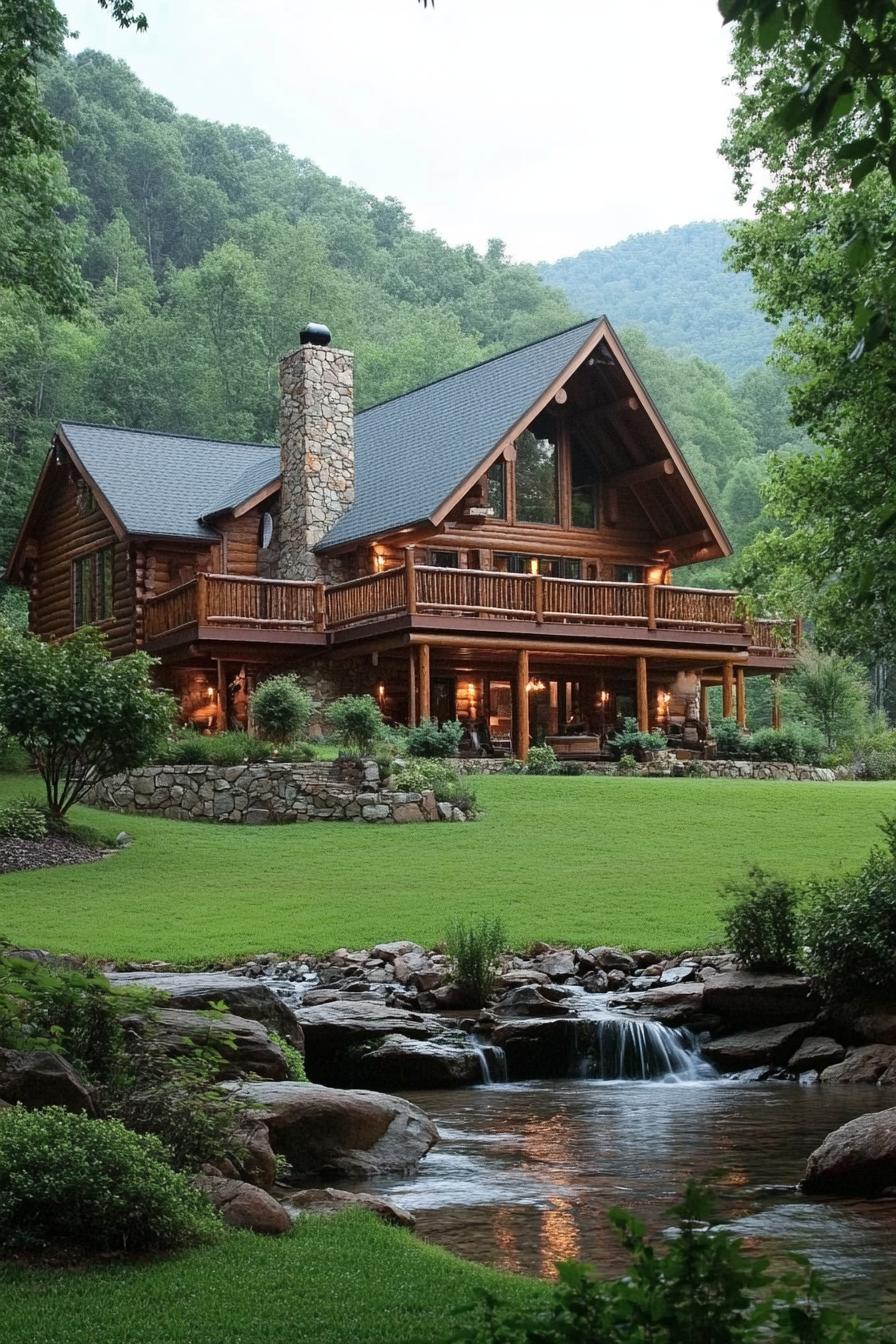 Cozy log cabin nestled by a serene stream surrounded by lush greenery