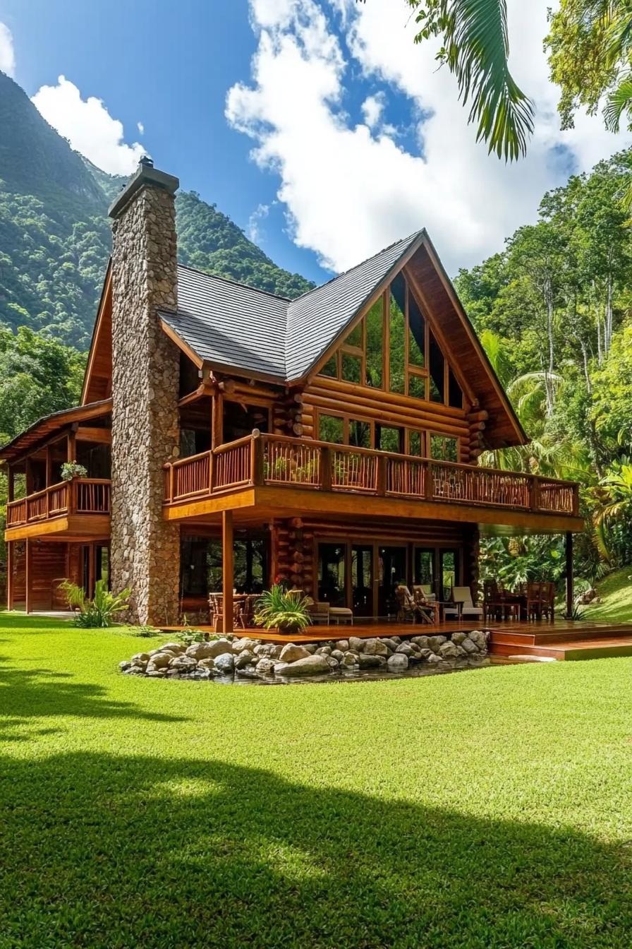 Stunning log cabin with stone chimney and lush lawn