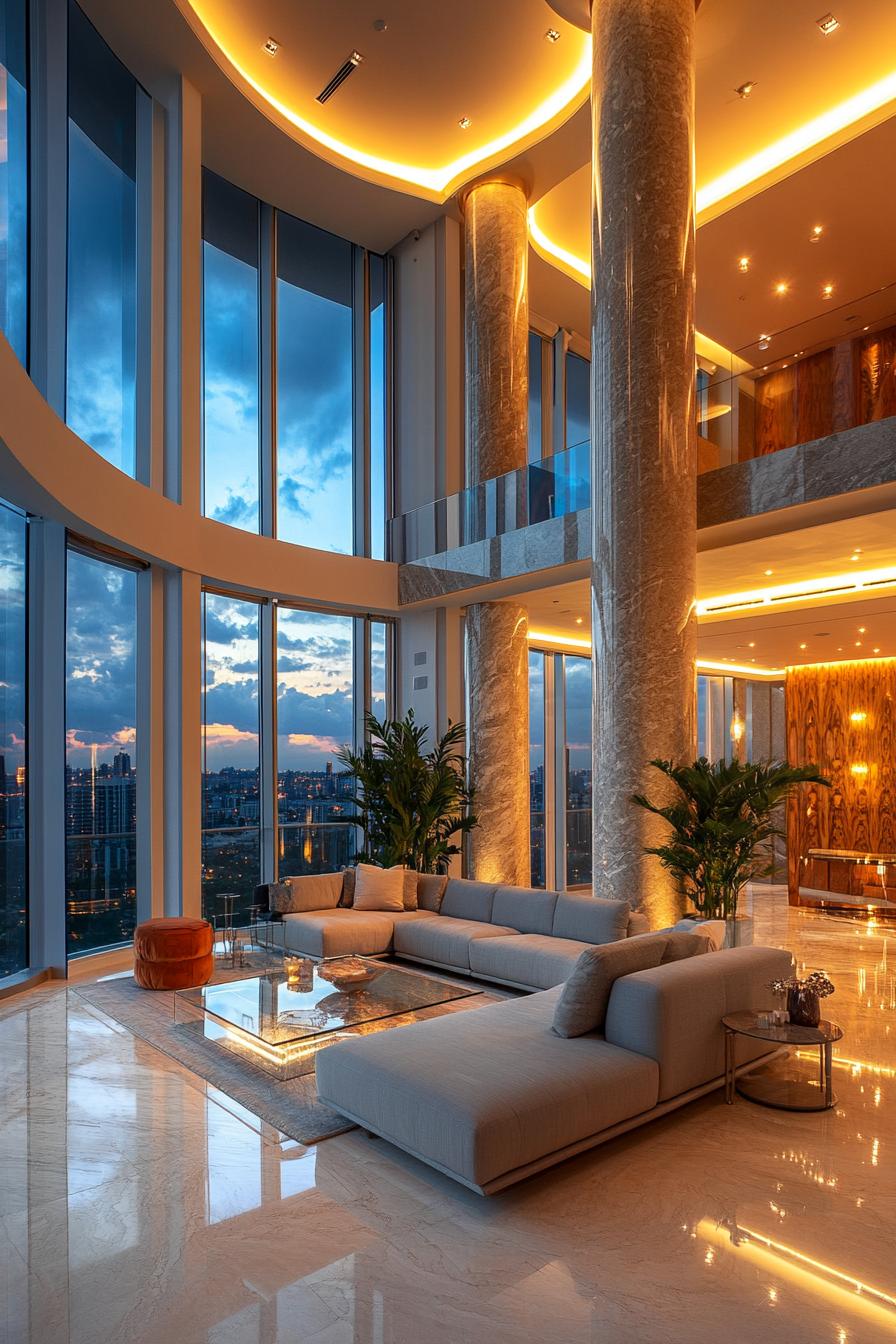 Luxurious penthouse with panoramic windows and elegant decor