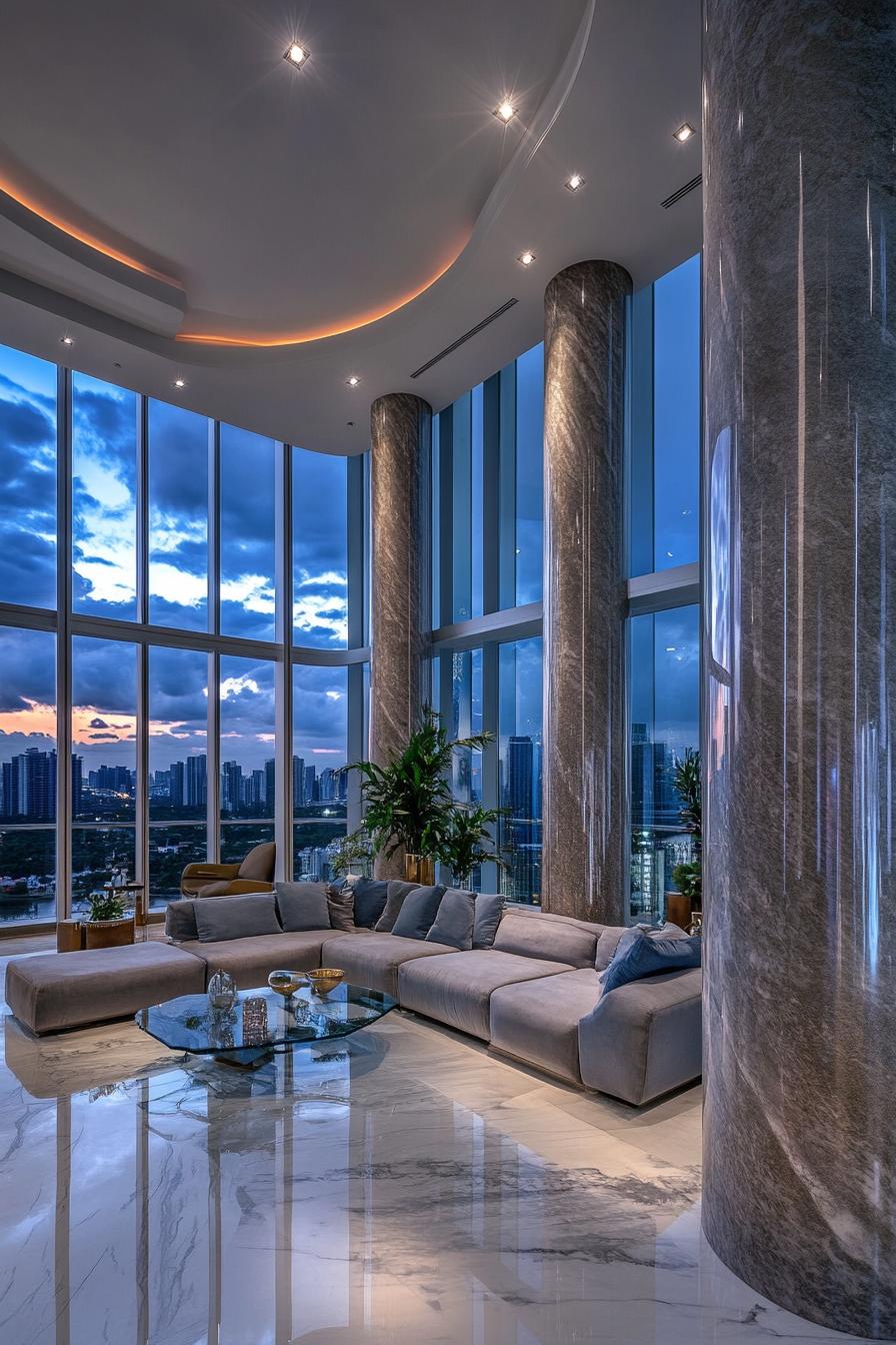 Luxurious living room with city views through floor-to-ceiling windows