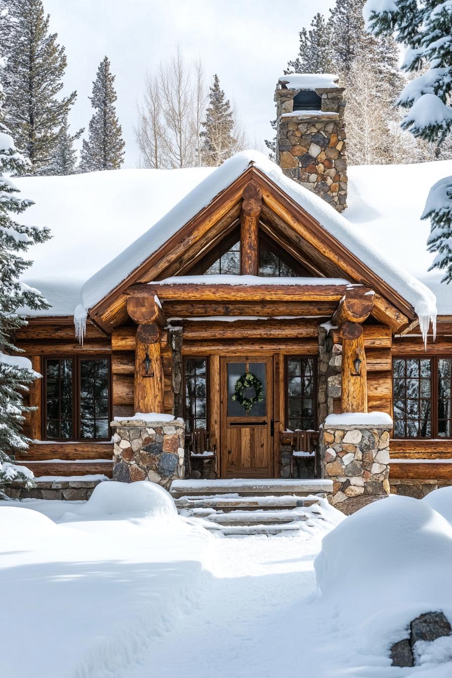 Cozy log cabin nestled in snowy forest