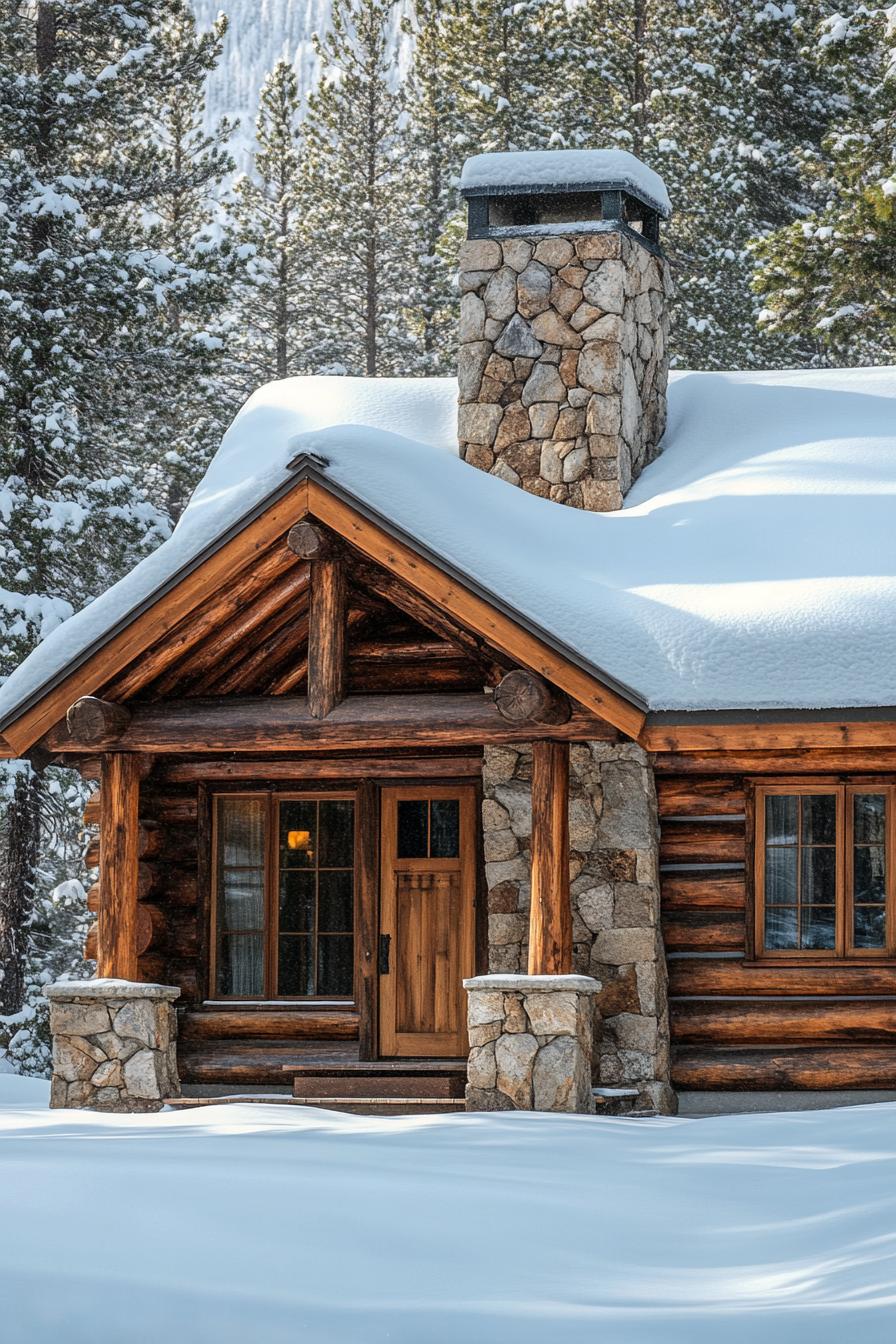 Cozy log cabin with stone chimney surrounded by snow