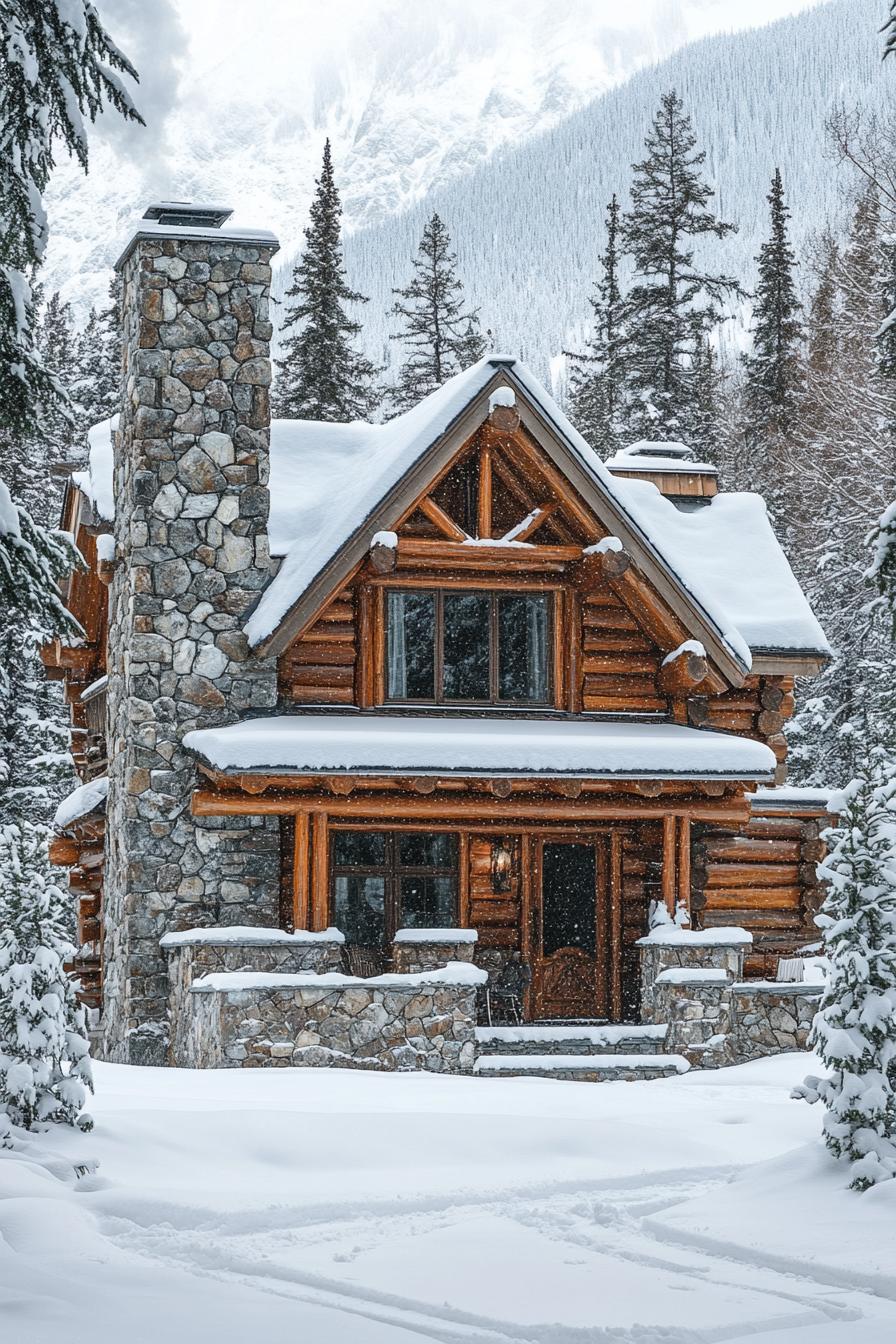 Log cabin nestled among snowy trees with a tall stone chimney