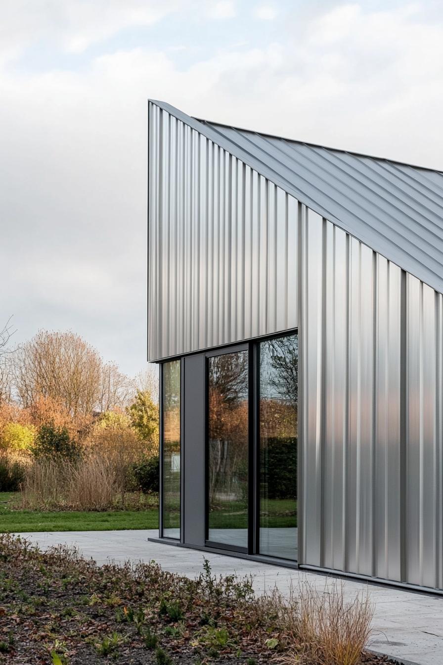 Small metal building house with reflective exterior