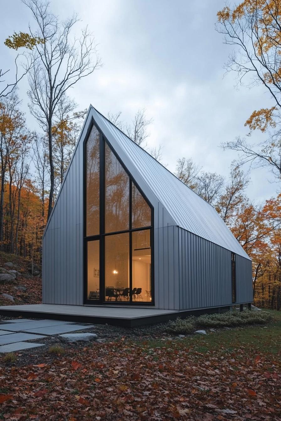 A-frame metal house in autumn woods