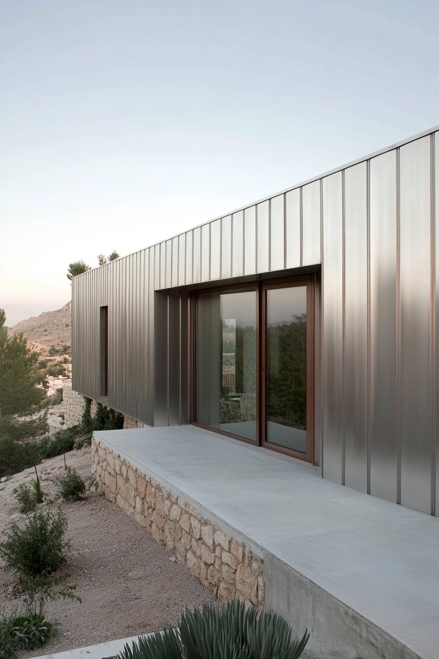 Metal building with large windows in a rustic setting