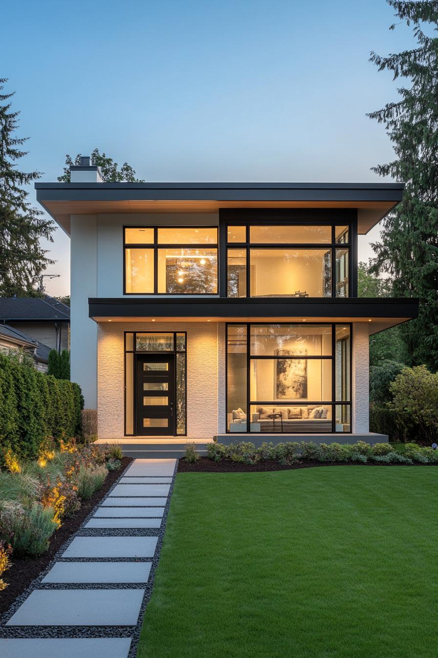 Modern two-story house with large windows and lush lawn