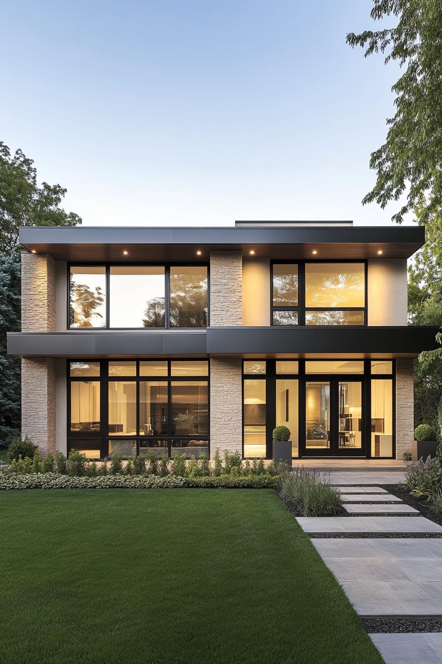 Modern house exterior with large windows and stone accents