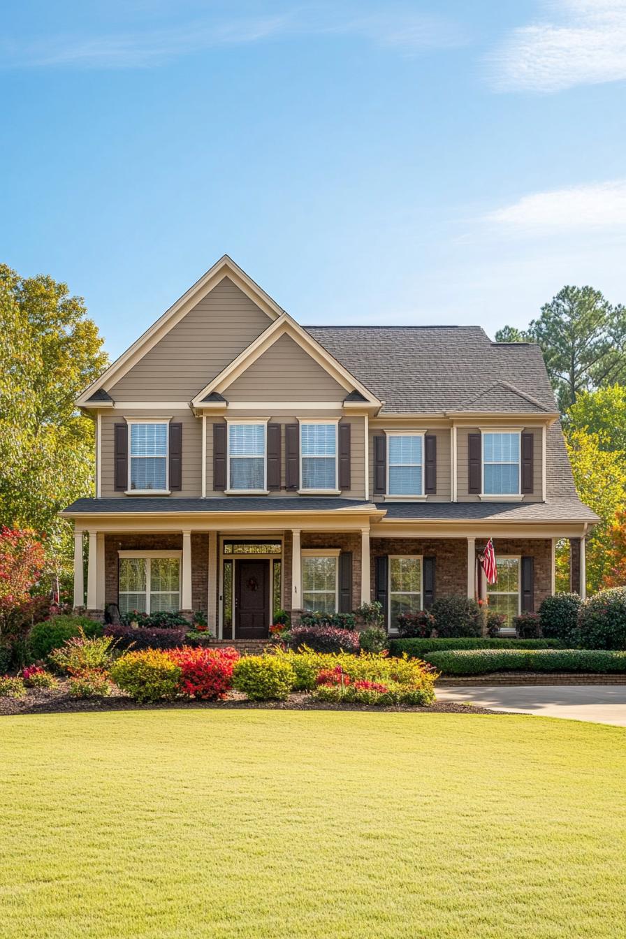 A traditional suburban house with manicured landscaping