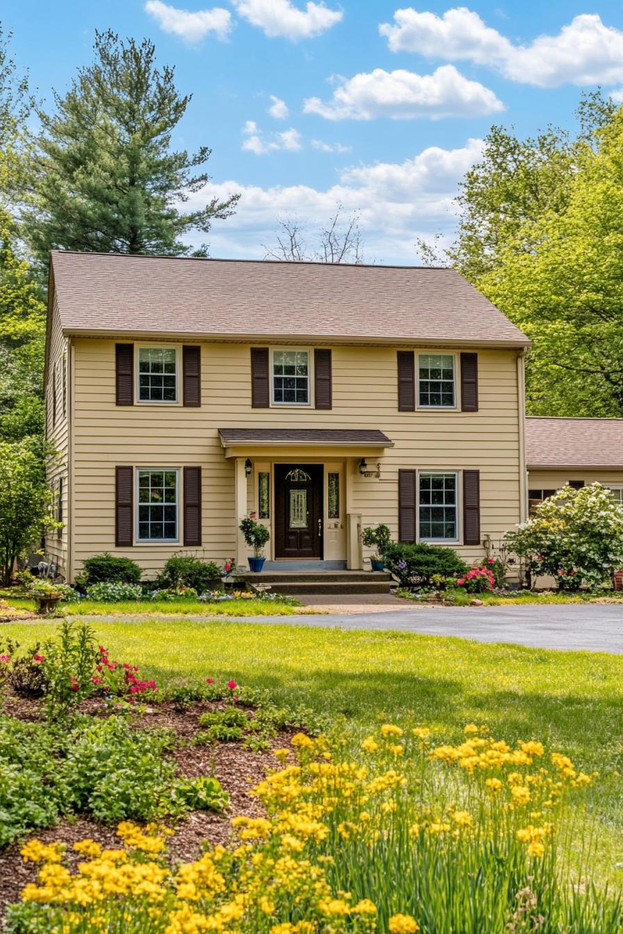 Two-story suburban home with yellow siding and brown shutters surrounded by lush greenery