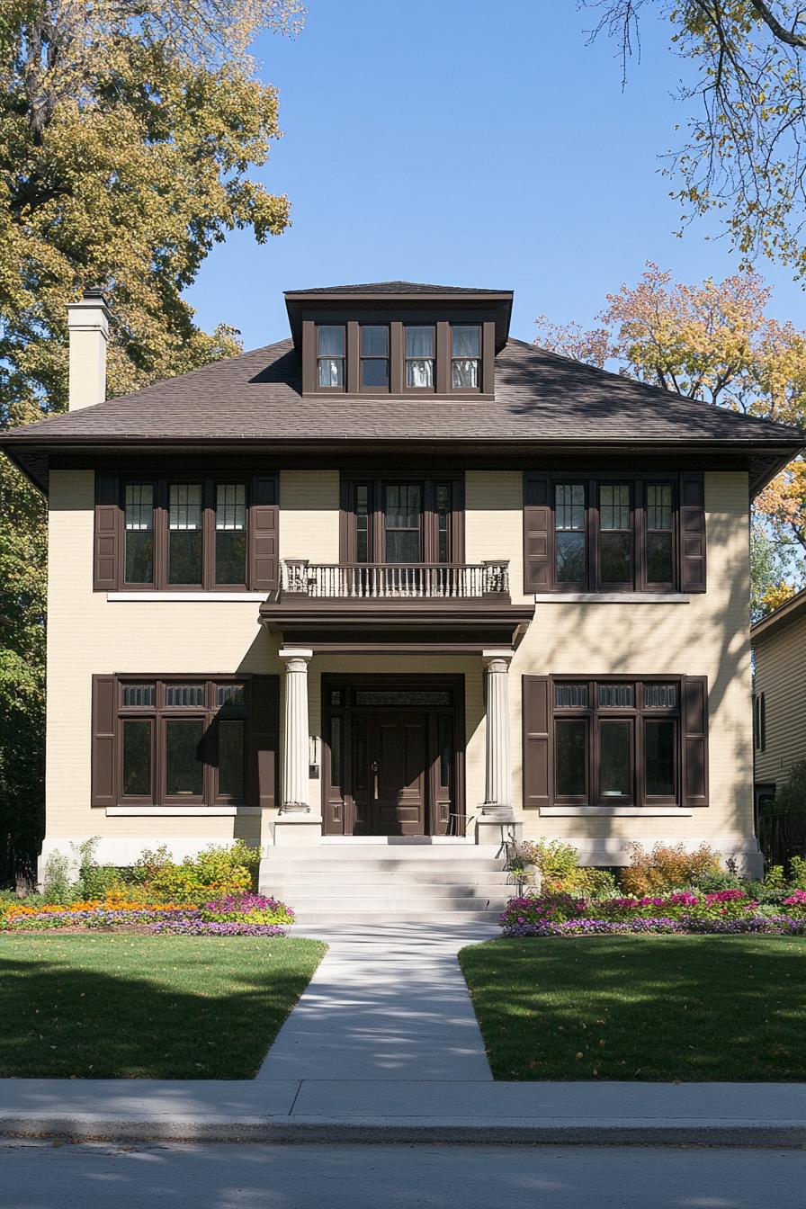 Charming suburban house with columns and brown shutters