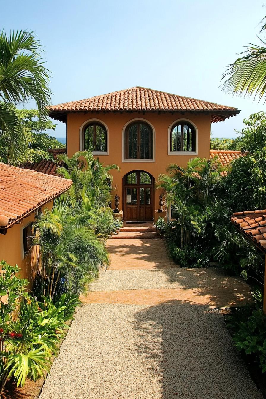 West Indies style house with terracotta roof and tropical plants