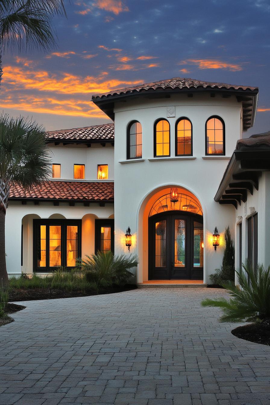 Colonial-style house with arched windows at sunset