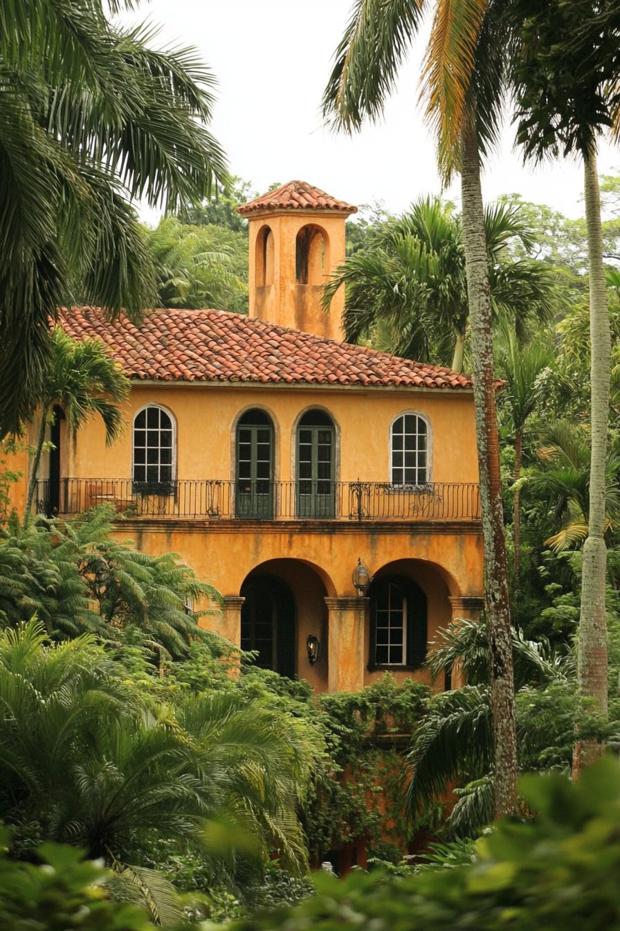 A colonial-style house stands amidst lush palms and greenery