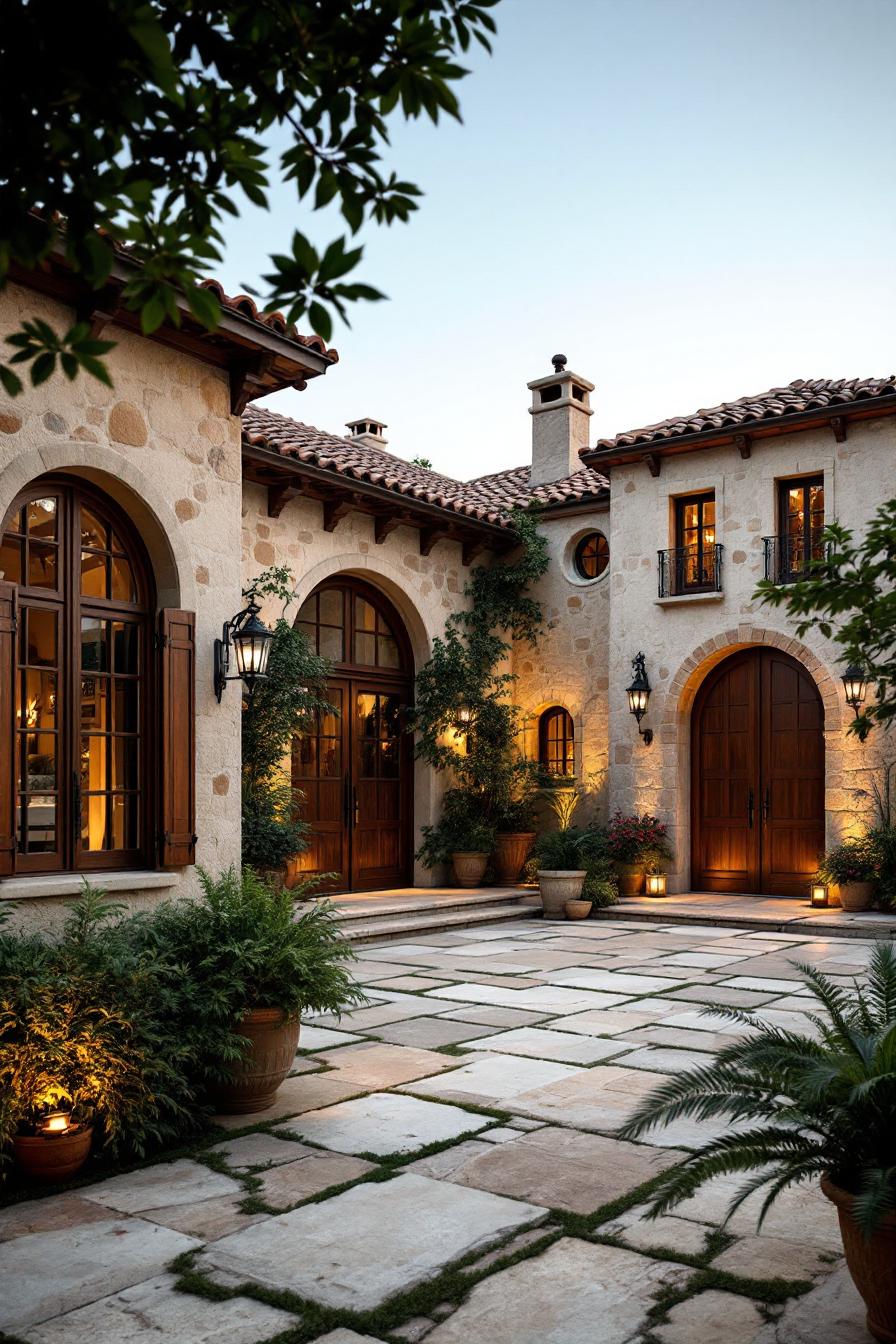 Stone courtyard and arched doors surrounded by greenery